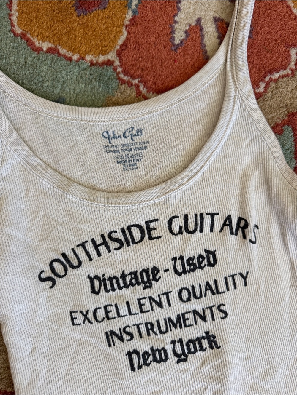 Brandy Melville White Ribbed Tank Top with Black 'Southside Guitars' Graphic - Picture 2 of 3